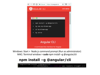 npm install –g @angular/cli
Windows: Start > Node.js command prompt (Run as administrator)
MAC: Terminal window > sudo npm install –g @angular/cli
 