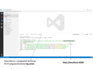 View Menu > Integrated Terminal
PS H:angular2movie>ng serve
http://localhost:4200
 