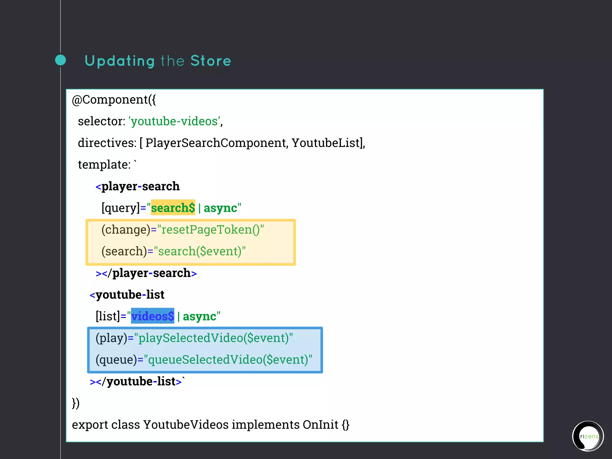 Updating the Store
@Component({
selector: 'youtube-videos',
directives: [ PlayerSearchComponent, YoutubeList],
template: `
<player-search
[query]="search$ | async"
(change)="resetPageToken()"
(search)="search($event)"
></player-search>
<youtube-list
[list]="videos$ | async"
(play)="playSelectedVideo($event)"
(queue)="queueSelectedVideo($event)"
></youtube-list>`
})
export class YoutubeVideos implements OnInit {}
 