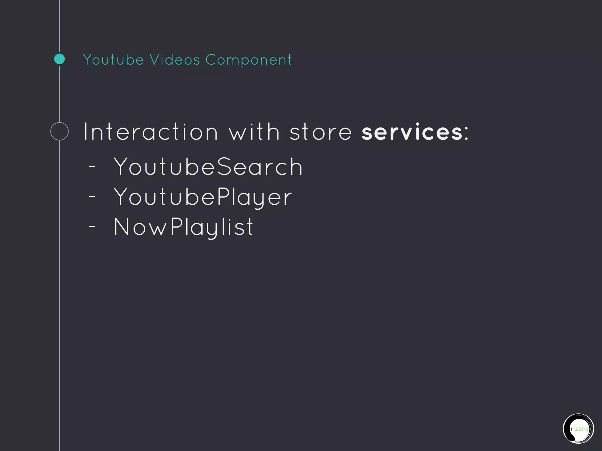 Youtube Videos Component
Interaction with store services:
- YoutubeSearch
- YoutubePlayer
- NowPlaylist
 