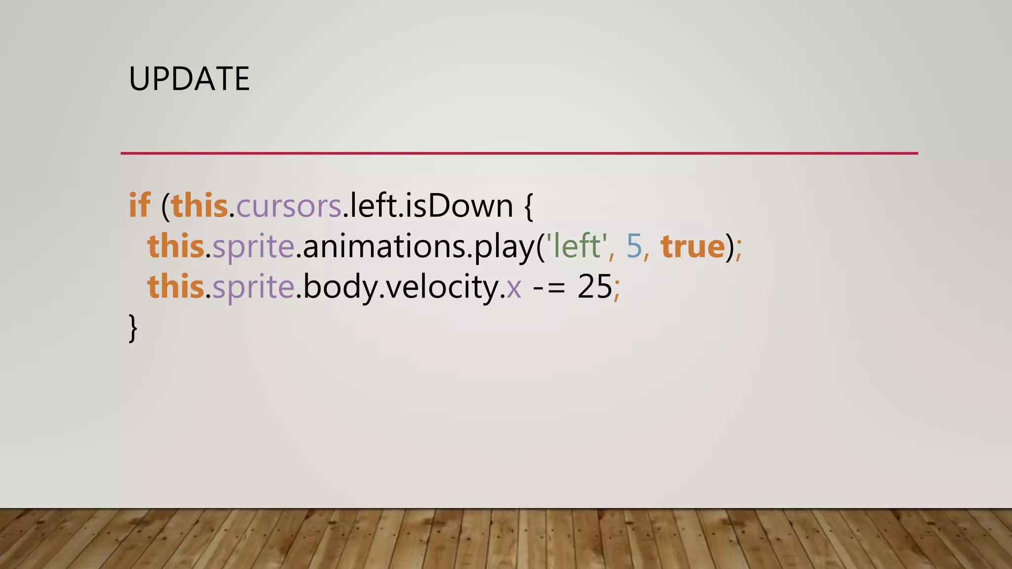 UPDATE
if (this.cursors.left.isDown {
this.sprite.animations.play('left', 5, true);
this.sprite.body.velocity.x -= 25;
}
 