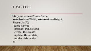 PHASER CODE
this.game = new Phaser.Game(
window.innerWidth, window.innerHeight,
Phaser.AUTO,
'game_canvas’, {
preload: this.preload,
create: this.create,
update: this.update,
render: this.render
});
 