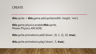 CREATE
this.sprite = this.game.add.sprite(width, height, 'me');
this.game.physics.enable(this.sprite,
Phaser.Physics.ARCADE);
this.sprite.animations.add('down', [0, 1, 2], 10, true);
this.sprite.animations.play(‘down', 5, true);
 
