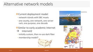 Alternative network models
Current deployment model
◦ network islands with SBC moats
◦ one county, one network, one server
rack, one purpose, one decade
Similar to early academic Internet
 Internet2
◦ initially custom, then re-use dark fiber
◦ membership model?
Suomenlinna
7/23/16 TEMU 2016 21
 