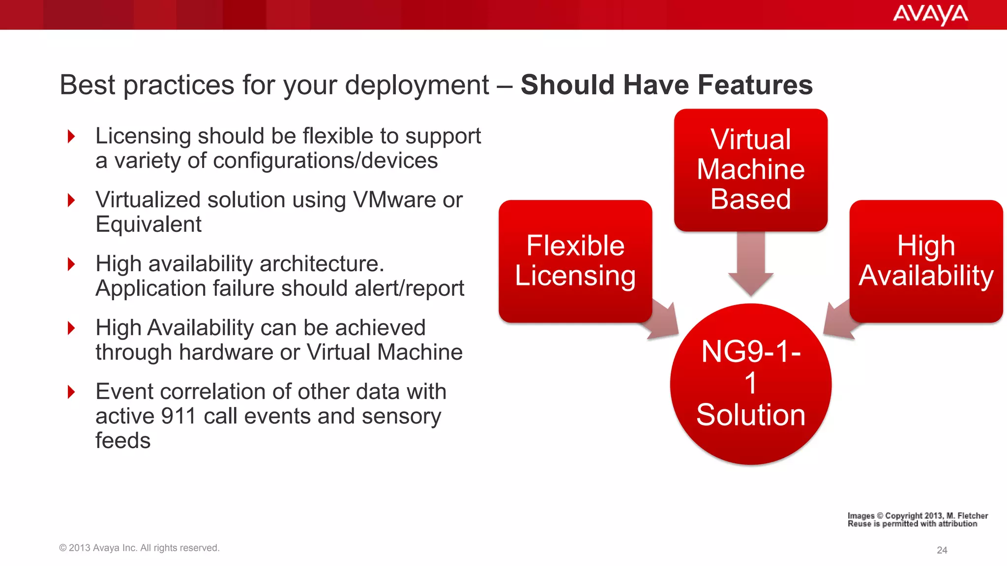 Best practices for your deployment – Should Have Features
 Licensing should be flexible to support
a variety of configurations/devices
 Virtualized solution using VMware or
Equivalent

 High availability architecture.
Application failure should alert/report
 High Availability can be achieved
through hardware or Virtual Machine
 Event correlation of other data with
active 911 call events and sensory
feeds

© 2013 Avaya Inc. All rights reserved.

Virtual
Machine
Based
Flexible
Licensing

High
Availability

NG9-11
Solution

24

 