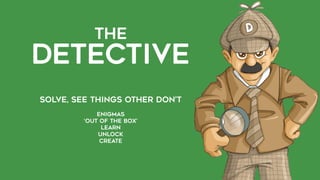 THE  
Detective
SOLVE, see things other don’t
enigmas
‘out of the box’
learn
unlock
create
 