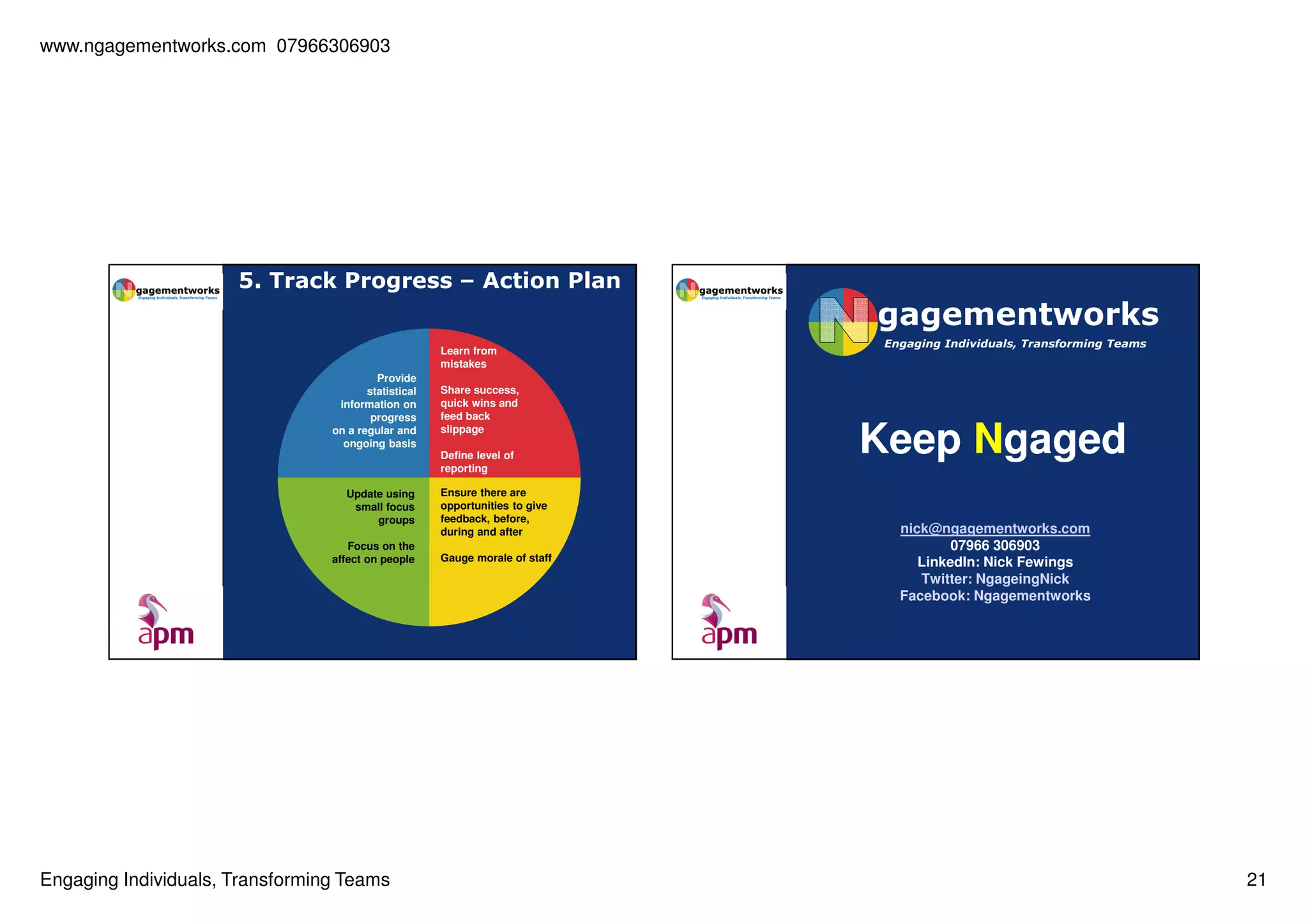www.ngagementworks.com 07966306903

5. Track Progress – Action Plan

gagementworks
Learn from
mistakes
Provide
statistical
information on
progress
on a regular and
ongoing basis

Share success,
quick wins and
feed back
slippage
Define level of
reporting

Update using
small focus
groups
Focus on the
affect on people

Engaging Individuals, Transforming Teams

Ensure there are
opportunities to give
feedback, before,
during and after
Gauge morale of staff

Engaging Individuals, Transforming Teams

Keep Ngaged
nick@ngagementworks.com
07966 306903
LinkedIn: Nick Fewings
Twitter: NgageingNick
Facebook: Ngagementworks

21

 