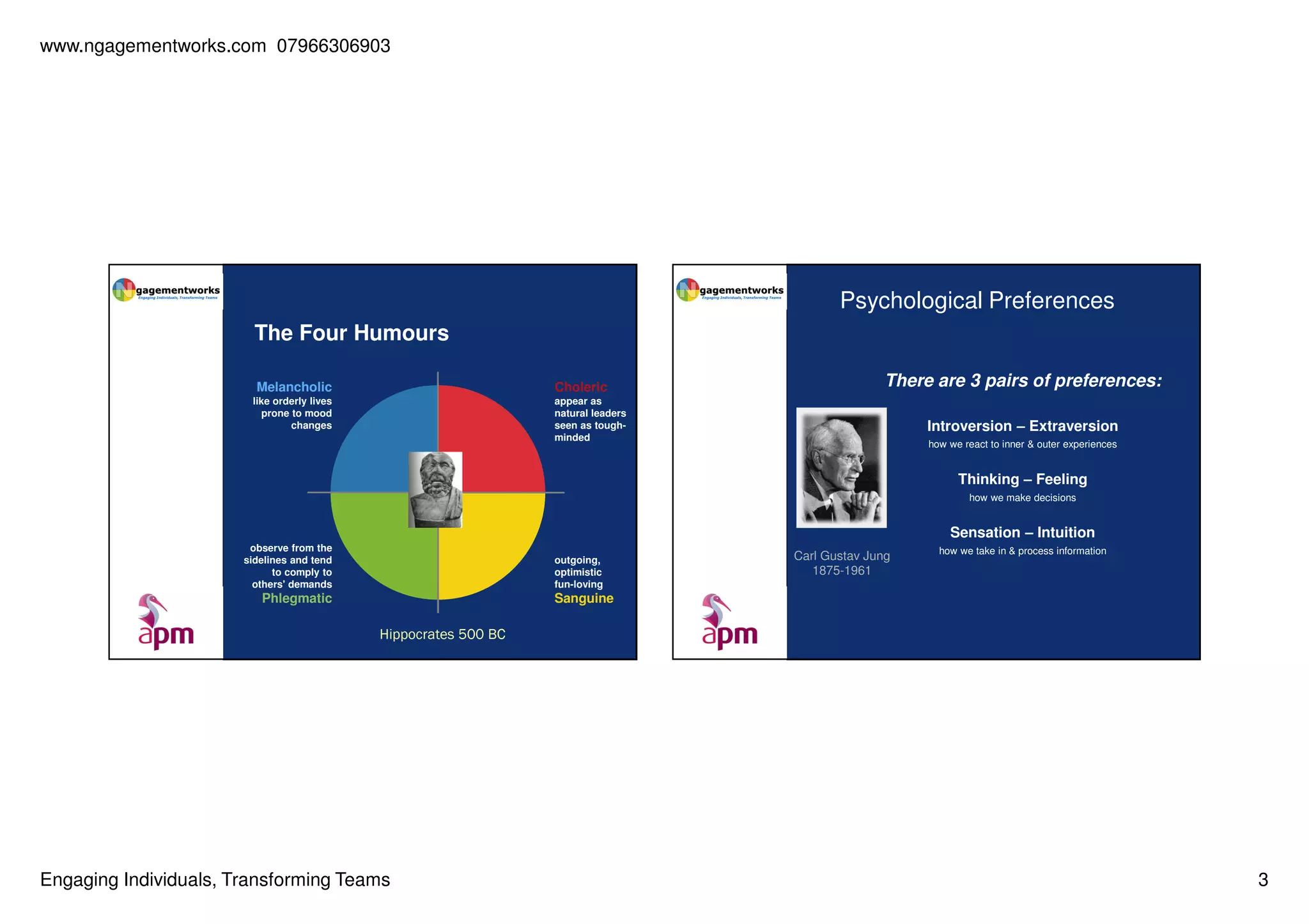 www.ngagementworks.com 07966306903

Psychological Preferences
The Four Humours
Melancholic

Choleric

like orderly lives
prone to mood
changes

There are 3 pairs of preferences:

appear as
natural leaders
seen as toughminded

Introversion – Extraversion
how we react to inner & outer experiences

Thinking – Feeling
how we make decisions

Sensation – Intuition
observe from the
sidelines and tend
to comply to
others' demands

outgoing,
optimistic
fun-loving

Phlegmatic

Carl Gustav Jung
1875-1961

how we take in & process information

Sanguine

Hippocrates 500 BC

Engaging Individuals, Transforming Teams

3

 