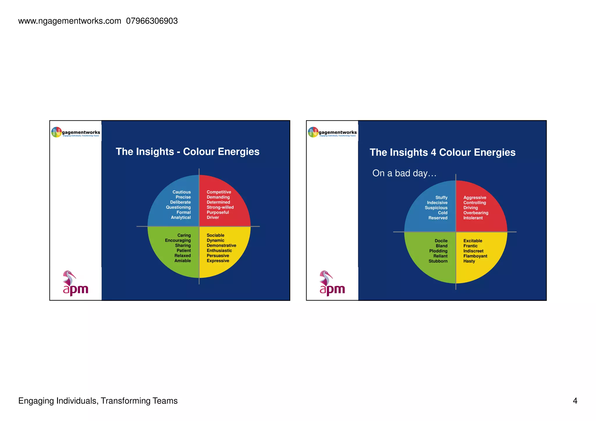 www.ngagementworks.com 07966306903

The Insights - Colour Energies

The Insights 4 Colour Energies
On a bad day…

Cautious
Precise
Deliberate
Questioning
Formal
Analytical

Competitive
Demanding
Determined
Strong-willed
Purposeful
Driver

Caring
Encouraging
Sharing
Patient
Relaxed
Amiable

Sociable
Dynamic
Demonstrative
Enthusiastic
Persuasive
Expressive

Engaging Individuals, Transforming Teams

Stuffy
Indecisive
Suspicious
Cold
Reserved

Aggressive
Controlling
Driving
Overbearing
Intolerant

Docile
Bland
Plodding
Reliant
Stubborn

Excitable
Frantic
Indiscreet
Flamboyant
Hasty

4

 