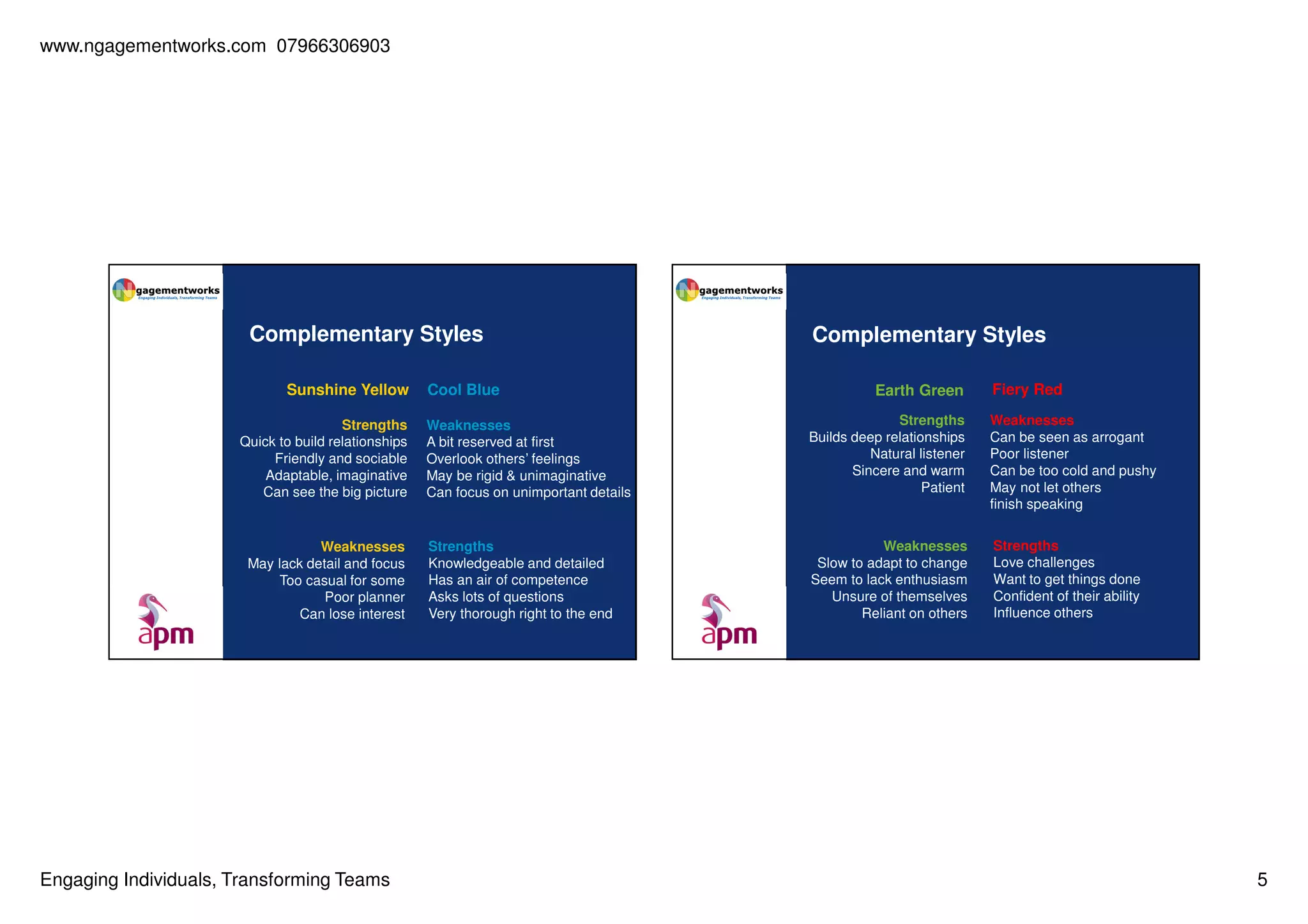www.ngagementworks.com 07966306903

Complementary Styles
Sunshine Yellow
Strengths
Quick to build relationships
Friendly and sociable
Adaptable, imaginative
Can see the big picture

Weaknesses
May lack detail and focus
Too casual for some
Poor planner
Can lose interest

Engaging Individuals, Transforming Teams

Cool Blue

Complementary Styles
Earth Green

Fiery Red

Weaknesses
A bit reserved at first
Overlook others’ feelings
May be rigid & unimaginative
Can focus on unimportant details

Strengths
Builds deep relationships
Natural listener
Sincere and warm
Patient

Weaknesses
Can be seen as arrogant
Poor listener
Can be too cold and pushy
May not let others
finish speaking

Strengths
Knowledgeable and detailed
Has an air of competence
Asks lots of questions
Very thorough right to the end

Weaknesses
Slow to adapt to change
Seem to lack enthusiasm
Unsure of themselves
Reliant on others

Strengths
Love challenges
Want to get things done
Confident of their ability
Influence others

5

 