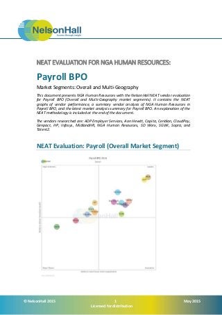 © NelsonHall 2015 1 May 2015
Licensed for distribution
NEAT EVALUATION FOR NGA HUMAN RESOURCES:
Payroll BPO
Market Segments: Overall and Multi-Geography
This document presents NGA Human Resources with the NelsonHall NEAT vendor evaluation
for Payroll BPO (Overall and Multi-Geography market segments). It contains the NEAT
graphs of vendor performance, a summary vendor analysis of NGA Human Resources in
Payroll BPO, and the latest market analysis summary for Payroll BPO. An explanation of the
NEAT methodology is included at the end of the document.
The vendors researched are: ADP Employer Services, Aon Hewitt, Capita, Ceridian, CloudPay,
Genpact, HP, Infosys, MidlandHR, NGA Human Resources, SD Worx, SGWI, Sopra, and
Talent2.
NEAT Evaluation: Payroll (Overall Market Segment)
 