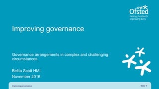 Improving governance
Governance arrangements in complex and challenging
circumstances
Belita Scott HMI
November 2016
Improving governance Slide 1
 