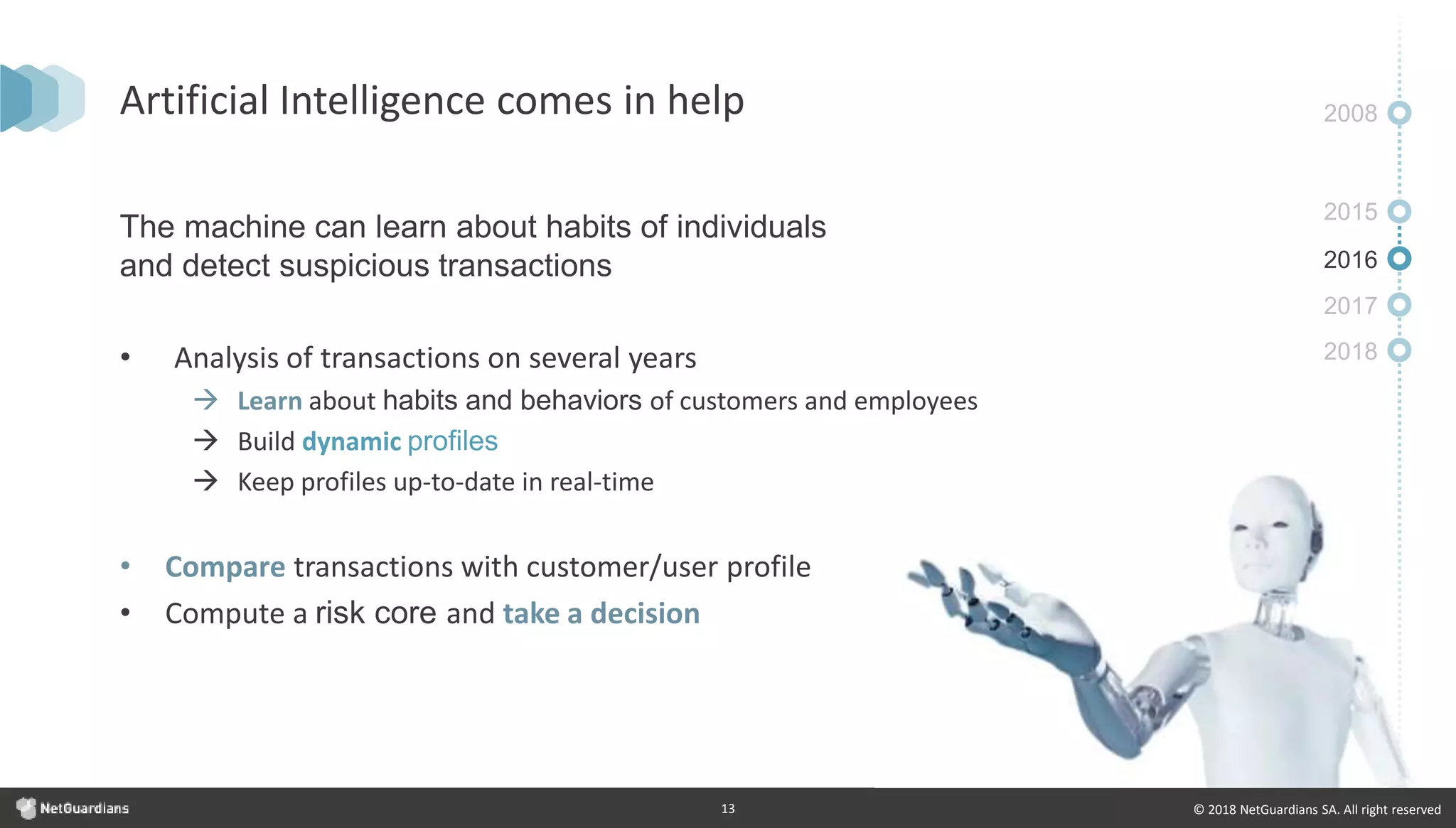 © 2018 NetGuardians SA. All right reserved13
Artificial Intelligence comes in help
The machine can learn about habits of individuals
and detect suspicious transactions
• Analysis of transactions on several years
 Learn about habits and behaviors of customers and employees
 Build dynamic profiles
 Keep profiles up-to-date in real-time
• Compare transactions with customer/user profile
• Compute a risk core and take a decision
2008
2015
2016
2017
2018
 
