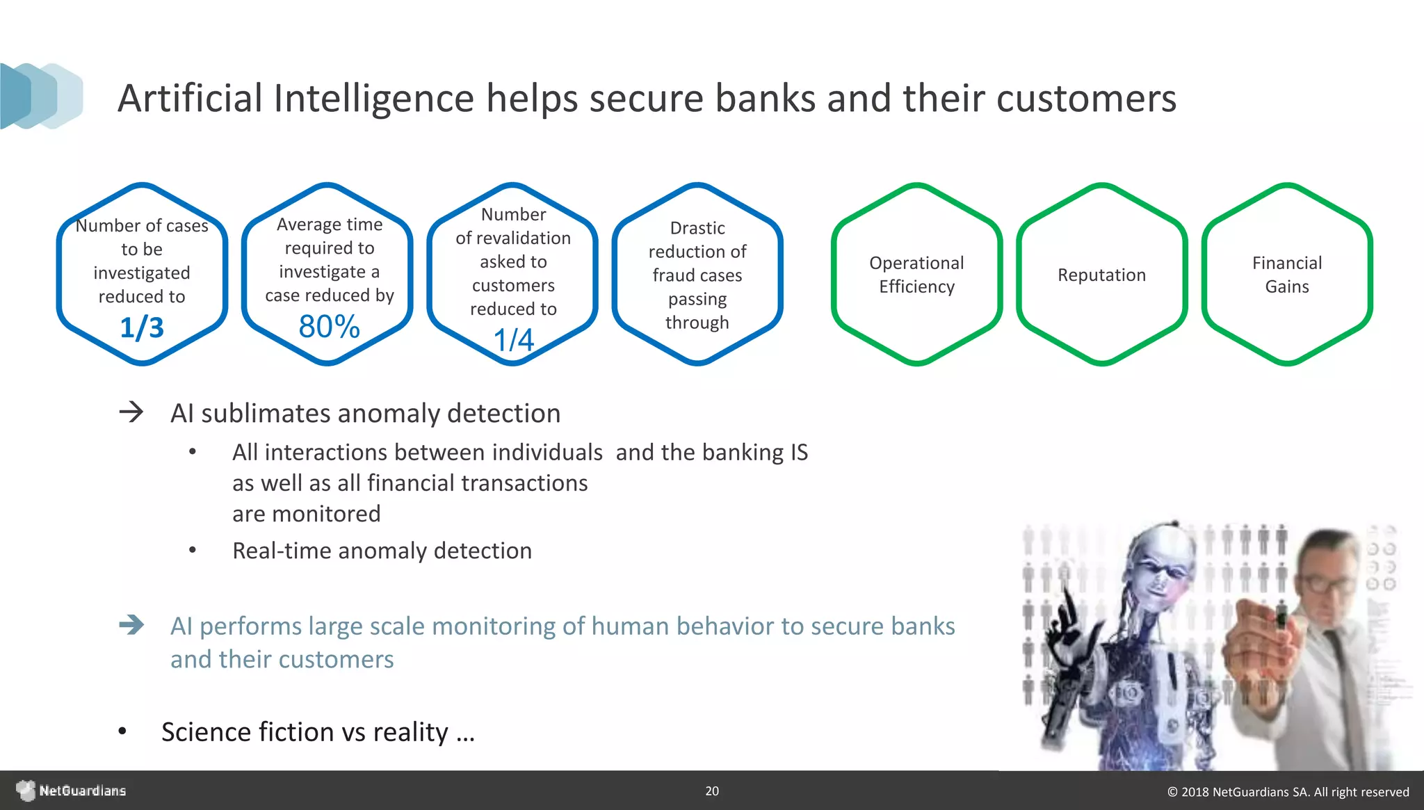 © 2018 NetGuardians SA. All right reserved20
Artificial Intelligence helps secure banks and their customers
Drastic
reduction of
fraud cases
passing
through
Number of cases
to be
investigated
reduced to
1/3
Number
of revalidation
asked to
customers
reduced to
1/4
Average time
required to
investigate a
case reduced by
80%
Financial
Gains
Reputation
Operational
Efficiency
 AI sublimates anomaly detection
• All interactions between individuals and the banking IS
as well as all financial transactions
are monitored
• Real-time anomaly detection
 AI performs large scale monitoring of human behavior to secure banks
and their customers
• Science fiction vs reality …
 