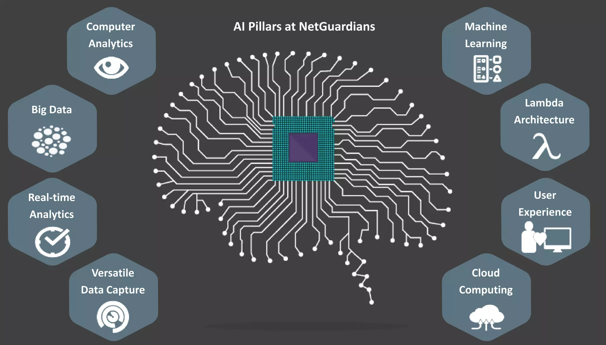 Computer
Analytics
Big Data
Real-time
Analytics
Versatile
Data Capture
Machine
Learning
Lambda
Architecture
User
Experience
Cloud
Computing
AI Pillars at NetGuardians
 