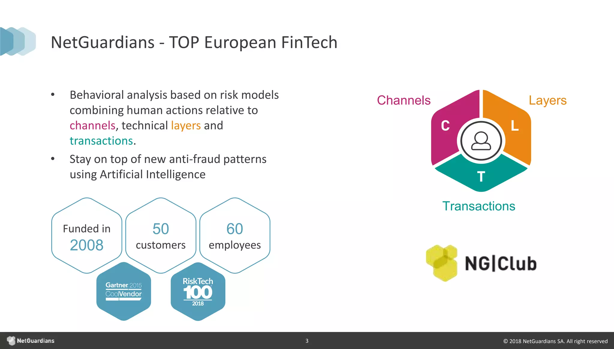 © 2018 NetGuardians SA. All right reserved3
NetGuardians - TOP European FinTech
Funded in
2008
50
customers
60
employees
• Behavioral analysis based on risk models
combining human actions relative to
channels, technical layers and
transactions.
• Stay on top of new anti-fraud patterns
using Artificial Intelligence
LayersChannels
Transactions
 