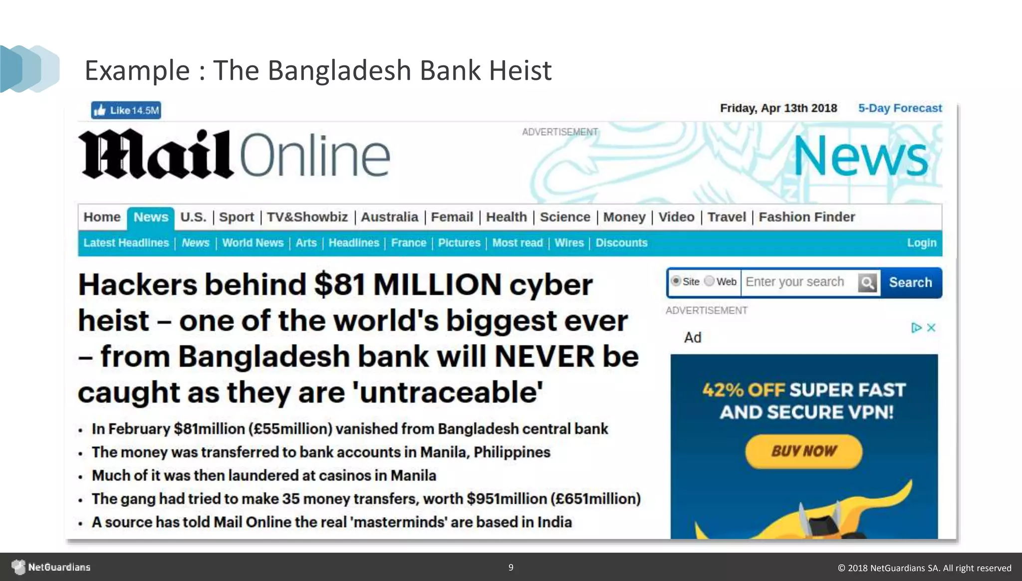 © 2018 NetGuardians SA. All right reserved9
Example : The Bangladesh Bank Heist
 