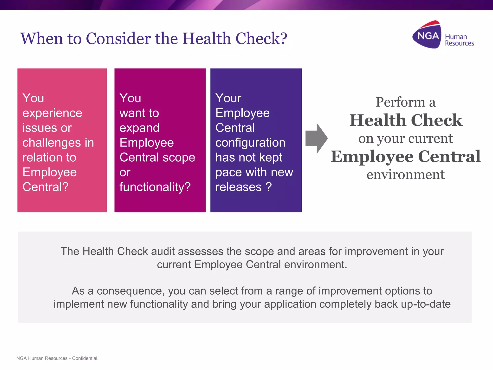 NGA Human Resources - Confidential.
Your
Employee
Central
configuration
has not kept
pace with new
releases ?
You
want to
expand
Employee
Central scope
or
functionality?
When to Consider the Health Check?
You
experience
issues or
challenges in
relation to
Employee
Central?
The Health Check audit assesses the scope and areas for improvement in your
current Employee Central environment.
As a consequence, you can select from a range of improvement options to
implement new functionality and bring your application completely back up-to-date
Perform a
Health Check
on your current
Employee Central
environment
 