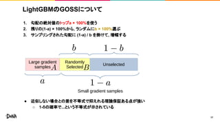 LightGBMのGOSSについて
1. 勾配の絶対値のトップa × 100%を使う
2. 残りの(1-a) × 100%から, ランダムにb × 100%選ぶ
3. サンプリングされた勾配に (1-a) / b を掛けて, 増幅する
● 近似しない場合との差を不等式で抑えれる理論保証ある点が強い
○ 1-δの確率で...という不等式が示されている
17
 