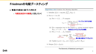 Friedmanの勾配ブースティング
7
The Elements of Statistical Learningより
サンプルに対する勾配
勾配を出力するような木を構築
葉の値は損失を下げるように
● 普通の勾配法に基づいた考え方
○ 勾配を決定木で表現して足していく
 