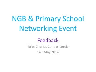 NGB & Primary School
Networking Event
John Charles Centre, Leeds
14th May 2014
Feedback
 