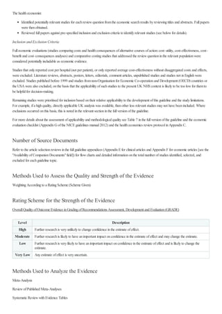 The healtheconomist:
Identified potentiallyrelevant studies for eachreviewquestionfromthe economic searchresults byreviewingtitles and abstracts. Fullpapers
were thenobtained.
Reviewed fullpapers against pre-specified inclusionand exclusioncriteria to identifyrelevant studies (see belowfor details).
Inclusion and Exclusion Criteria
Fulleconomic evaluations (studies comparingcosts and healthconsequences ofalternative courses ofaction:cost–utility, cost-effectiveness, cost–
benefit and cost–consequences analyses) and comparative costingstudies that addressed the reviewquestioninthe relevant populationwere
considered potentiallyincludable as economic evidence.
Studies that onlyreported cost per hospital(not per patient), or onlyreported average cost-effectiveness without disaggregated costs and effects,
were excluded. Literature reviews, abstracts, posters, letters, editorials, comment articles, unpublished studies and studies not inEnglishwere
excluded. Studies published before 1999 and studies fromnon-Organisationfor Economic Co-operationand Development (OECD) countries or
the USAwere also excluded, onthe basis that the applicabilityofsuchstudies to the present UK NHS context is likelyto be too lowfor themto
be helpfulfor decision-making.
Remainingstudies were prioritised for inclusionbased ontheir relative applicabilityto the development ofthis guideline and the studylimitations.
For example, ifa highquality, directlyapplicable UK analysis was available, thenother less relevant studies maynot have beenincluded. Where
exclusions occurred onthis basis, this is noted inthe relevant sectioninthe fullversionofthe guideline.
For more details about the assessment ofapplicabilityand methodologicalqualitysee Table 7 inthe fullversionofthe guideline and the economic
evaluationchecklist (AppendixGofthe NICEguidelines manual2012) and the healtheconomics reviewprotocolinAppendixC.
Number of Source Documents
Refer to the article selectionreviews inthe fullguideline appendices (AppendixEfor clinicalarticles and AppendixF for economic articles [see the
"AvailabilityofCompanionDocuments"field]) for flowcharts and detailed informationonthe totalnumber ofstudies identified, selected, and
excluded for eachguideline topic.
Methods Used to Assess the Quality and Strength of the Evidence
WeightingAccordingto a RatingScheme (Scheme Given)
Rating Scheme for the Strength of the Evidence
OverallQualityofOutcome Evidence inGradingofRecommendations Assessment, Development and Evaluation(GRADE)
Level Description
High Further researchis veryunlikelyto change confidence inthe estimate ofeffect.
Moderate Further researchis likelyto have animportant impact onconfidence inthe estimate ofeffect and maychange the estimate.
Low Further researchis verylikelyto have animportant impact onconfidence inthe estimate ofeffect and is likelyto change the
estimate.
Very Low Anyestimate ofeffect is veryuncertain.
Methods Used to Analyze the Evidence
Meta-Analysis
ReviewofPublished Meta-Analyses
Systematic ReviewwithEvidence Tables
 