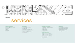 available


                       services
architecture & interiors               space analysis                            furnishings & equipment                       ADA services
•   Commercial & corporate interiors   •   Massing & building evaluation         •   Office furniture and building standards   •   Evaluation of existing conditions
•   Institutional                      •   Feasibility studies                   •   Interior design                           •   Recommendations for compliance
•   Religious                          •   Lease and tenant work letter review   •   Office equipment                          •   Architectural design services
•   Residential                        •   Space programming & planning          •   Architectural signage                     •   Signage programs
                                       •   Computer-raised flooring design
                                       •   Security design                       construction services
                                                                                 •   Technical consultants coordination
                                                                                 •   Building representative coordination
                                                                                 •   Engineering services coordination
                                                                                 •   Value engineering
                                                                                 •   Cost estimation
 