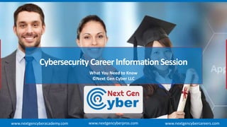 CybersecurityCareerInformationSession
What You Need to Know
©Next Gen Cyber LLC
www.nextgencyberpros.comwww.nextgencyberacademy.com www.nextgencybercareers.com
 