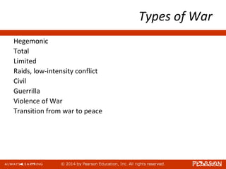 Types of War
Hegemonic
Total
Limited
Raids, low-intensity conflict
Civil
Guerrilla
Violence of War
Transition from war to peace
 