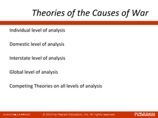 Theories of the Causes of War
Individual level of analysis
Domestic level of analysis
Interstate level of analysis
Global level of analysis
Competing Theories on all levels of analysis
 
