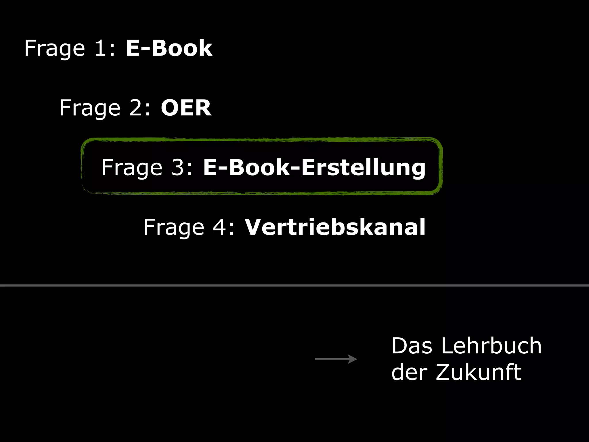 Frage 1: E-Book
Frage 2: OER
Frage 3: E-Book-Erstellung
Frage 4: Vertriebskanal
Das Lehrbuch 
der Zukunft
 