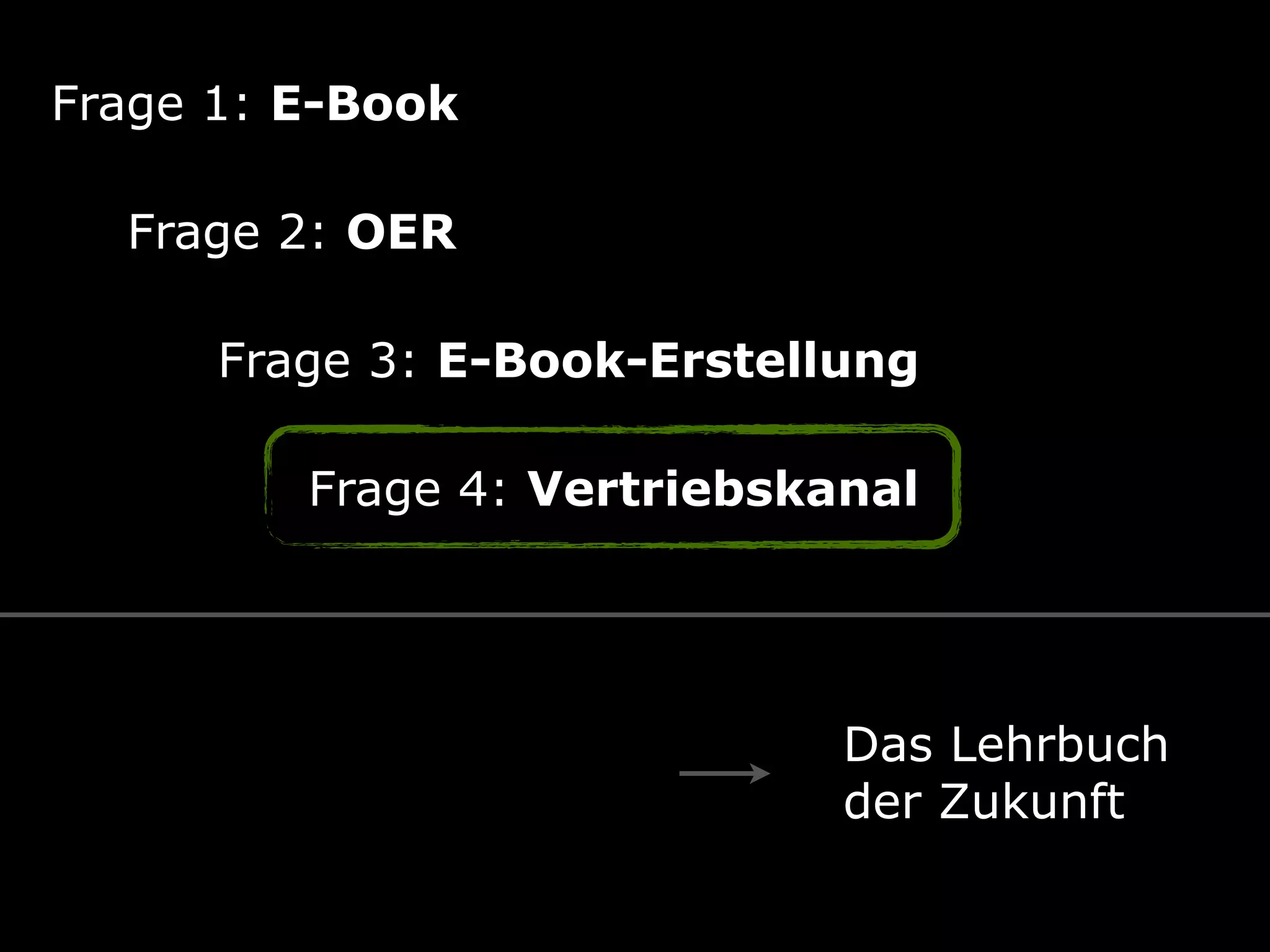 Frage 1: E-Book
Frage 2: OER
Frage 3: E-Book-Erstellung
Frage 4: Vertriebskanal
Das Lehrbuch 
der Zukunft
 