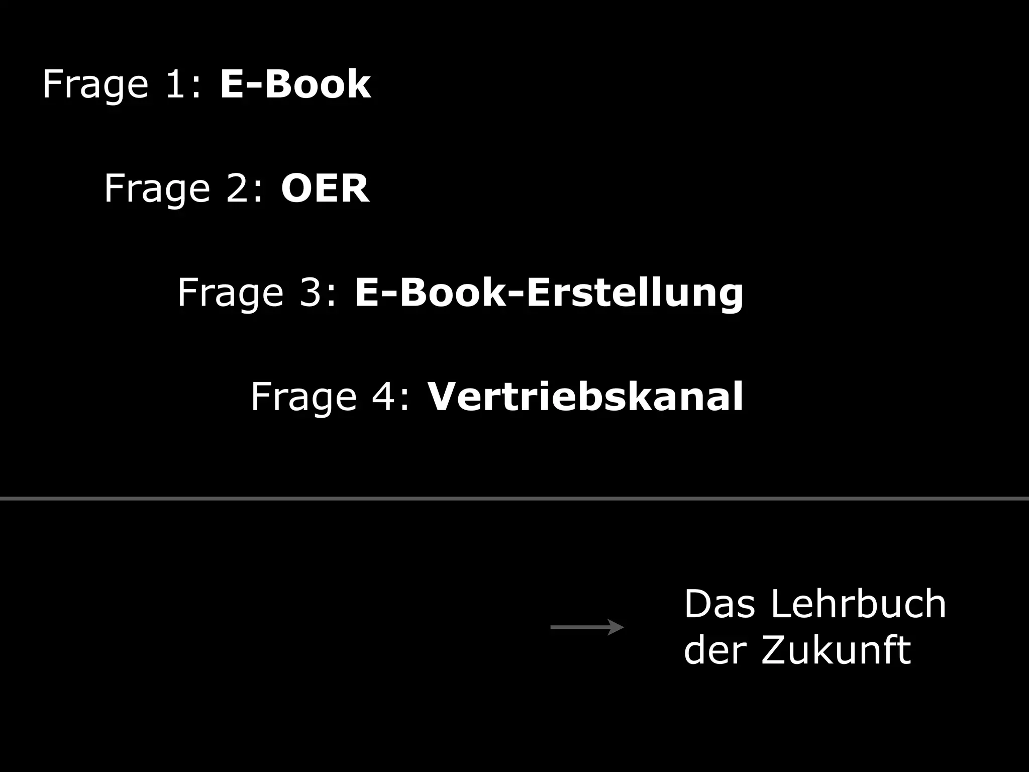 Frage 1: E-Book
Frage 2: OER
Frage 3: E-Book-Erstellung
Frage 4: Vertriebskanal
Das Lehrbuch 
der Zukunft
 