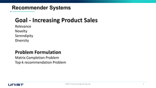UNIST Financial Engineering Lab. 5
Recommender Systems
Goal - Increasing Product Sales
Relevance
Novelty
Serendipity
Diversity
Problem Formulation
Matrix Completion Problem
Top-k recommendation Problem
 