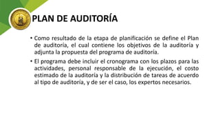 PLAN DE AUDITORÍA
• Como resultado de la etapa de planificación se define el Plan
de auditoría, el cual contiene los objetivos de la auditoría y
adjunta la propuesta del programa de auditoría.
• El programa debe incluir el cronograma con los plazos para las
actividades, personal responsable de la ejecución, el costo
estimado de la auditoría y la distribución de tareas de acuerdo
al tipo de auditoría, y de ser el caso, los expertos necesarios.
 
