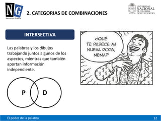 INTERSECTIVA 
El poder de la palabra 12 
2. CATEGORIAS DE COMBINACIONES 
Las palabras y los dibujos 
trabajando juntos algunos de los 
aspectos, mientras que también 
aportan información 
independiente. 
P D 
 