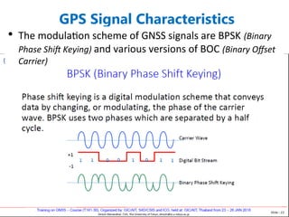 GPS Signal Characteristics
• The modulation scheme of GNSS signals are BPSK (Binary
Phase Shift Keying) and various versions of BOC (Binary Offset
Carrier)
 