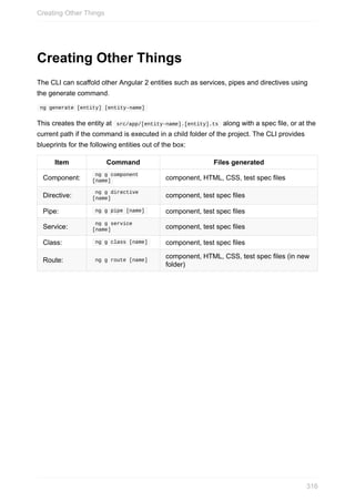 Creating	Other	Things
The	CLI	can	scaffold	other	Angular	2	entities	such	as	services,	pipes	and	directives	using
the	generate	command.
	ng	generate	[entity]	[entity-name]	
This	creates	the	entity	at		src/app/[entity-name].[entity].ts		along	with	a	spec	file,	or	at	the
current	path	if	the	command	is	executed	in	a	child	folder	of	the	project.	The	CLI	provides
blueprints	for	the	following	entities	out	of	the	box:
Item Command Files	generated
Component:
	ng	g	component
[name]	 component,	HTML,	CSS,	test	spec	files
Directive:
	ng	g	directive
[name]	 component,	test	spec	files
Pipe: 	ng	g	pipe	[name]	 component,	test	spec	files
Service:
	ng	g	service
[name]	 component,	test	spec	files
Class: 	ng	g	class	[name]	 component,	test	spec	files
Route: 	ng	g	route	[name]	
component,	HTML,	CSS,	test	spec	files	(in	new
folder)
Creating	Other	Things
316
 