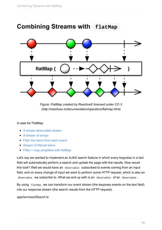 Combining	Streams	with	 	flatMap	
Figure:	FlatMap	created	by	ReactiveX	licensed	under	CC-3
(http://reactivex.io/documentation/operators/flatmap.html)
A	case	for	FlatMap:
A	simple	observable	stream
A	stream	of	arrays
Filter	the	items	from	each	event
Stream	of	filtered	items
Filter	+	map	simplified	with	flatMap
Let's	say	we	wanted	to	implement	an	AJAX	search	feature	in	which	every	keypress	in	a	text
field	will	automatically	perform	a	search	and	update	the	page	with	the	results.	How	would
this	look?	Well	we	would	have	an		Observable		subscribed	to	events	coming	from	an	input
field,	and	on	every	change	of	input	we	want	to	perform	some	HTTP	request,	which	is	also	an
	Observable		we	subscribe	to.	What	we	end	up	with	is	an		Observable		of	an		Observable	.
By	using		flatMap		we	can	transform	our	event	stream	(the	keypress	events	on	the	text	field)
into	our	response	stream	(the	search	results	from	the	HTTP	request).
app/services/Search.ts
Combining	Streams	with	flatMap
96
 