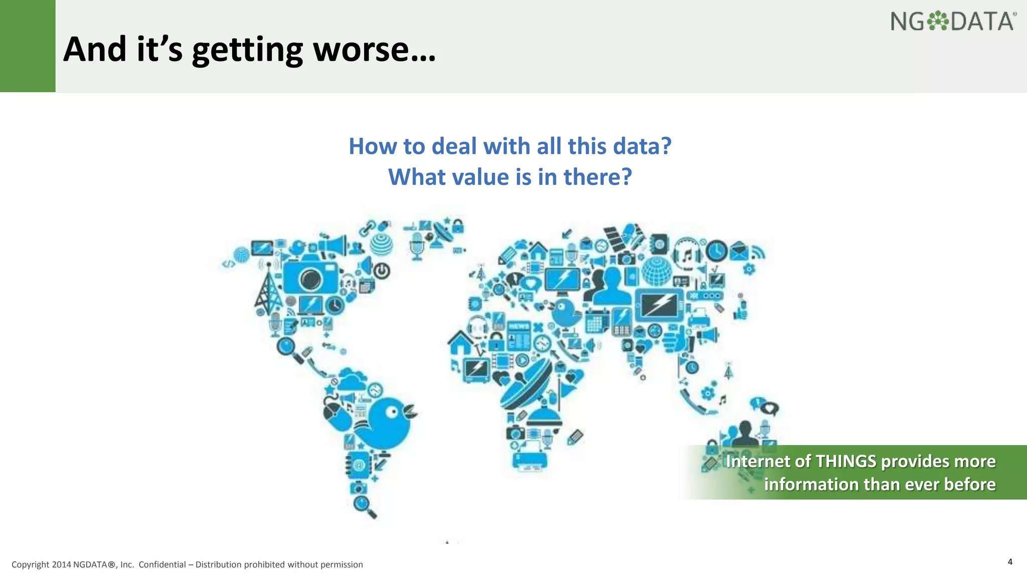 And it’s getting worse… 
How to deal with all this data? 
What value is in there? 
Internet of THINGS provides more 
information than ever before 
Copyright 2014 NGDATA®, Inc. Confidential – Distribution prohibited without permission 4 
 