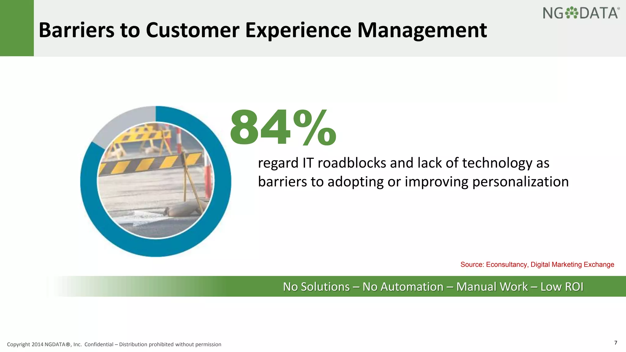 Barriers to Customer Experience Management 
84% 
regard IT roadblocks and lack of technology as 
barriers to adopting or improving personalization 
Source: Econsultancy, Digital Marketing Exchange 
No Solutions – No Automation – Manual Work – Low ROI 
Copyright 2014 NGDATA®, Inc. Confidential – Distribution prohibited without permission 7 
 