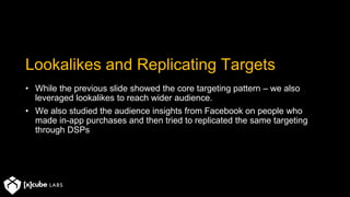 Lookalikes and Replicating Targets
• While the previous slide showed the core targeting pattern – we also
leveraged lookalikes to reach wider audience.
• We also studied the audience insights from Facebook on people who
made in-app purchases and then tried to replicated the same targeting
through DSPs
 