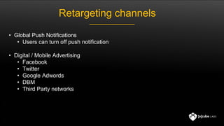 Retargeting channels
• Global Push Notifications
• Users can turn off push notification
• Digital / Mobile Advertising
• Facebook
• Twitter
• Google Adwords
• DBM
• Third Party networks
 