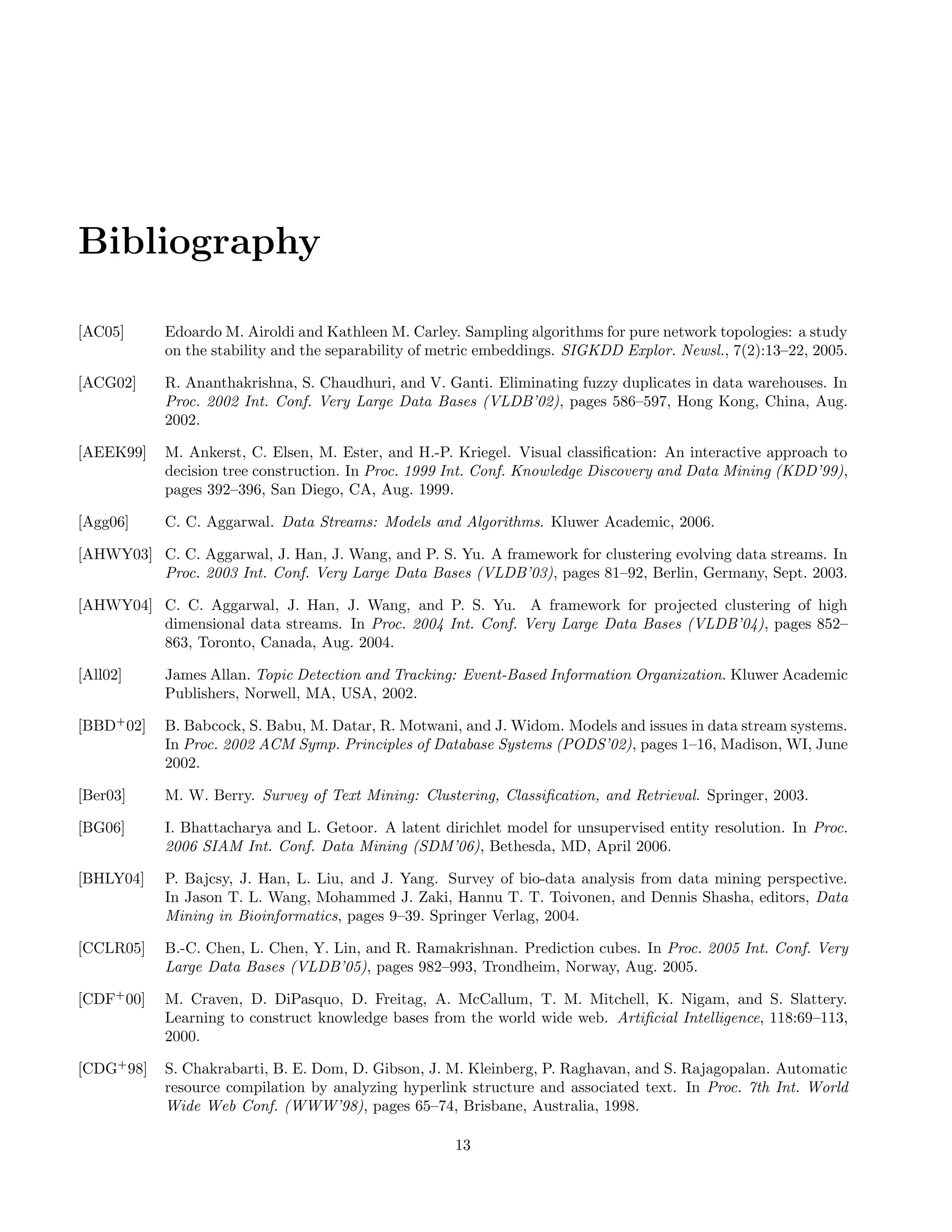 Bibliography
[AC05] Edoardo M. Airoldi and Kathleen M. Carley. Sampling algorithms for pure network topologies: a study
on the stability and the separability of metric embeddings. SIGKDD Explor. Newsl., 7(2):13–22, 2005.
[ACG02] R. Ananthakrishna, S. Chaudhuri, and V. Ganti. Eliminating fuzzy duplicates in data warehouses. In
Proc. 2002 Int. Conf. Very Large Data Bases (VLDB’02), pages 586–597, Hong Kong, China, Aug.
2002.
[AEEK99] M. Ankerst, C. Elsen, M. Ester, and H.-P. Kriegel. Visual classiﬁcation: An interactive approach to
decision tree construction. In Proc. 1999 Int. Conf. Knowledge Discovery and Data Mining (KDD’99),
pages 392–396, San Diego, CA, Aug. 1999.
[Agg06] C. C. Aggarwal. Data Streams: Models and Algorithms. Kluwer Academic, 2006.
[AHWY03] C. C. Aggarwal, J. Han, J. Wang, and P. S. Yu. A framework for clustering evolving data streams. In
Proc. 2003 Int. Conf. Very Large Data Bases (VLDB’03), pages 81–92, Berlin, Germany, Sept. 2003.
[AHWY04] C. C. Aggarwal, J. Han, J. Wang, and P. S. Yu. A framework for projected clustering of high
dimensional data streams. In Proc. 2004 Int. Conf. Very Large Data Bases (VLDB’04), pages 852–
863, Toronto, Canada, Aug. 2004.
[All02] James Allan. Topic Detection and Tracking: Event-Based Information Organization. Kluwer Academic
Publishers, Norwell, MA, USA, 2002.
[BBD+
02] B. Babcock, S. Babu, M. Datar, R. Motwani, and J. Widom. Models and issues in data stream systems.
In Proc. 2002 ACM Symp. Principles of Database Systems (PODS’02), pages 1–16, Madison, WI, June
2002.
[Ber03] M. W. Berry. Survey of Text Mining: Clustering, Classiﬁcation, and Retrieval. Springer, 2003.
[BG06] I. Bhattacharya and L. Getoor. A latent dirichlet model for unsupervised entity resolution. In Proc.
2006 SIAM Int. Conf. Data Mining (SDM’06), Bethesda, MD, April 2006.
[BHLY04] P. Bajcsy, J. Han, L. Liu, and J. Yang. Survey of bio-data analysis from data mining perspective.
In Jason T. L. Wang, Mohammed J. Zaki, Hannu T. T. Toivonen, and Dennis Shasha, editors, Data
Mining in Bioinformatics, pages 9–39. Springer Verlag, 2004.
[CCLR05] B.-C. Chen, L. Chen, Y. Lin, and R. Ramakrishnan. Prediction cubes. In Proc. 2005 Int. Conf. Very
Large Data Bases (VLDB’05), pages 982–993, Trondheim, Norway, Aug. 2005.
[CDF+
00] M. Craven, D. DiPasquo, D. Freitag, A. McCallum, T. M. Mitchell, K. Nigam, and S. Slattery.
Learning to construct knowledge bases from the world wide web. Artiﬁcial Intelligence, 118:69–113,
2000.
[CDG+
98] S. Chakrabarti, B. E. Dom, D. Gibson, J. M. Kleinberg, P. Raghavan, and S. Rajagopalan. Automatic
resource compilation by analyzing hyperlink structure and associated text. In Proc. 7th Int. World
Wide Web Conf. (WWW’98), pages 65–74, Brisbane, Australia, 1998.
13
 
