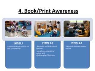 4. Book/Print Awareness
INITIAL 1
-Demonstrate the proper use
and care of books.
INITIAL 2.3
-Recognize text and graphic
features.
-Identify the role of the
author and
photographer/illustrator
INITIAL 2.4
-Demonstrate directionality
in print
 