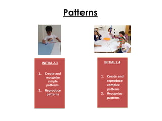 Patterns
INITIAL 2.3
1. Create and
recognize
simple
patterns.
2. Reproduce
patterns
INITIAL 2.4
1. Create and
reproduce
complex
patterns
2. Recognize
patterns
 