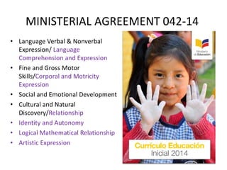 MINISTERIAL AGREEMENT 042-14
• Language Verbal & Nonverbal
Expression/ Language
Comprehension and Expression
• Fine and Gross Motor
Skills/Corporal and Motricity
Expression
• Social and Emotional Development
• Cultural and Natural
Discovery/Relationship
• Identity and Autonomy
• Logical Mathematical Relationship
• Artistic Expression
 
