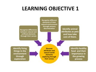 LEARNING OBJECTIVE 1
Discover
attributes and
natural world
elements
exploring through
their senses
Identify living
things in the
environment
through
exploration
Recognize differences
between natural and
artificial elements
through their senses
Recognize different
elements of their
natural environment
through sensory
discrimination Identify animal
attributes as pets
and how take
care of them.
Identify healthy
food and their
importance in
the growing
process
 