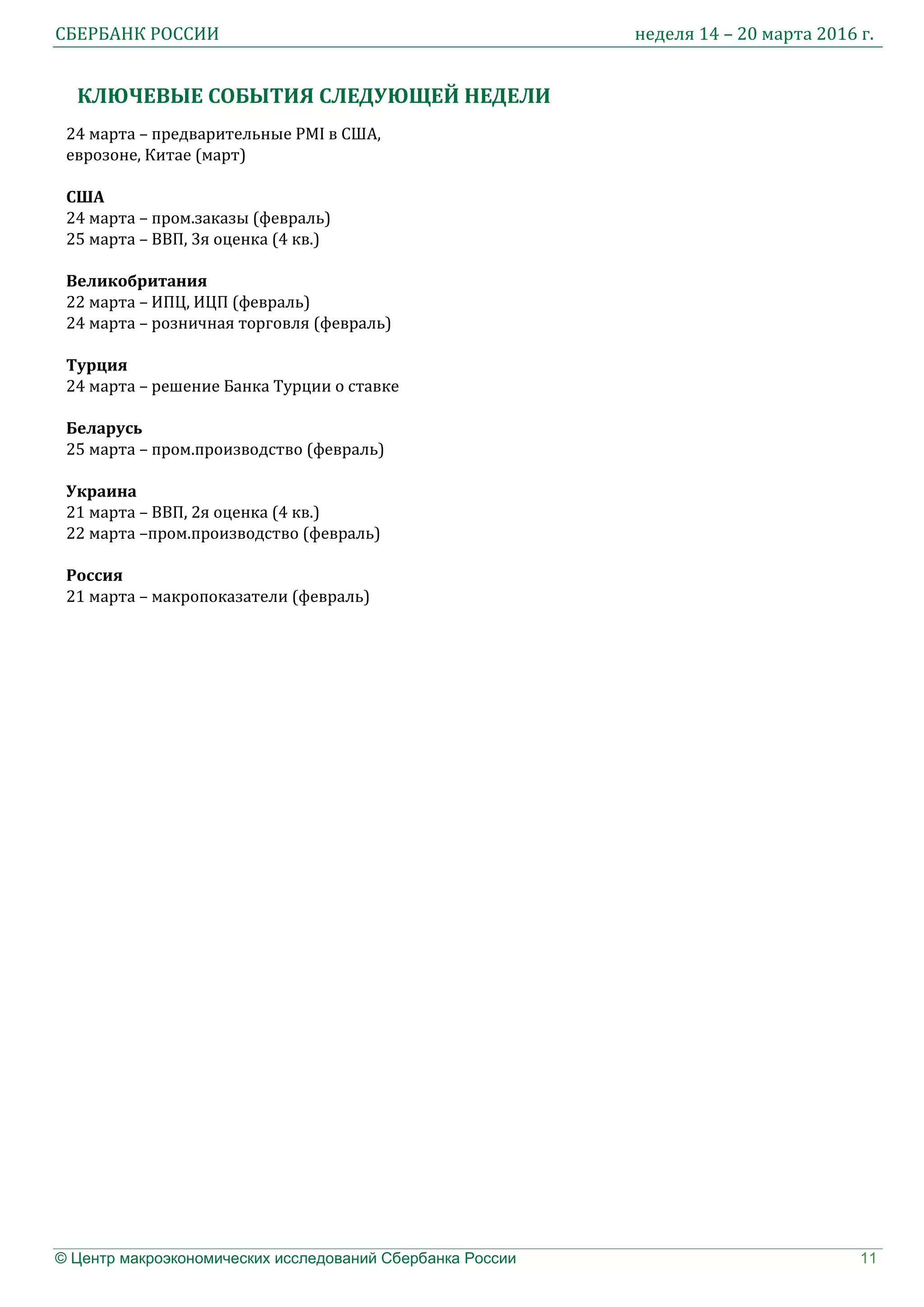 СБЕРБАНК РОССИИ неделя 14 – 20 марта 2016 г.
© Центр макроэкономических исследований Сбербанка России 11
КЛЮЧЕВЫЕ СОБЫТИЯ СЛЕДУЮЩЕЙ НЕДЕЛИ
24 марта – предварительные PMI в США,
еврозоне, Китае (март)
США
24 марта – пром.заказы (февраль)
25 марта – ВВП, 3я оценка (4 кв.)
Великобритания
22 марта – ИПЦ, ИЦП (февраль)
24 марта – розничная торговля (февраль)
Турция
24 марта – решение Банка Турции о ставке
Беларусь
25 марта – пром.производство (февраль)
Украина
21 марта – ВВП, 2я оценка (4 кв.)
22 марта –пром.производство (февраль)
Россия
21 марта – макропоказатели (февраль)
 