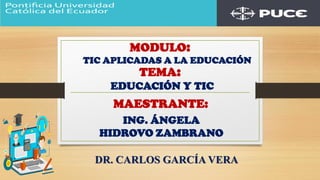 EDUCACIÓN Y TIC
TEMA:
TIC APLICADAS A LA EDUCACIÓN
MAESTRANTE:
ING. ÁNGELA
HIDROVO ZAMBRANO
DR. CARLOS GARCÍA VERA
MODULO:
 